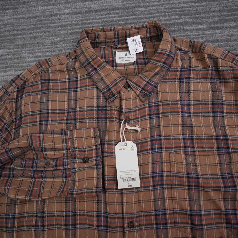Mutual Weave Shirt Men Plaid Lightweight Flannel Brown Big New Tag 3XL Tall